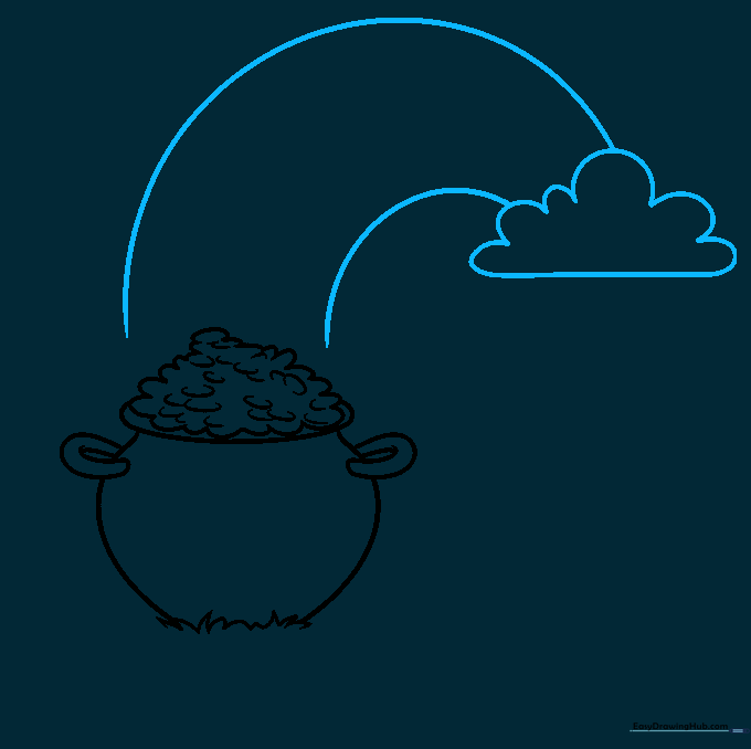 Sketching a fluffy cloud and two long, parallel curved lines representing the rainbow arch.