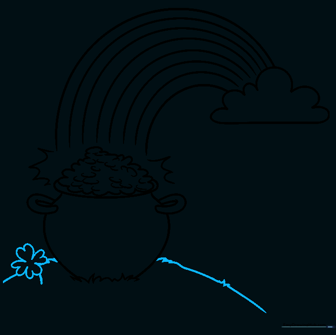 Drawing a four-leaf clover near the pot and defining the grassy hillside with curved lines.