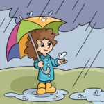 Colorful, finished drawing of a child holding an umbrella in the rain, perfect for kids.