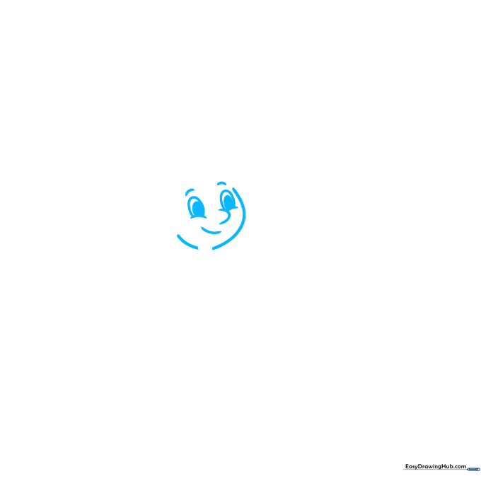 Close-up pencil sketch of a cartoon character's face with expressive eyes and a gentle smile.