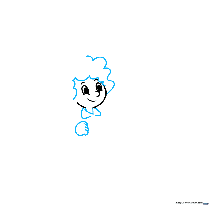 Pencil drawing showing the addition of hair strands and a jacket collar around the character's neck.