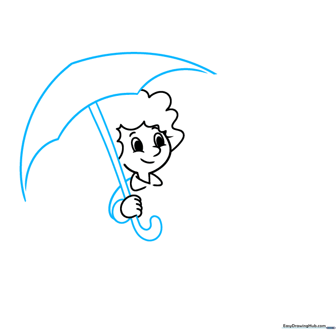 Step-by-step sketch of an umbrella being held by a hand, showing the shaft and canopy structure.