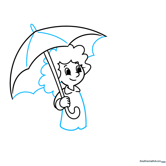 Detailed sketch of an umbrella canopy with panels and the outline of a raincoat torso.