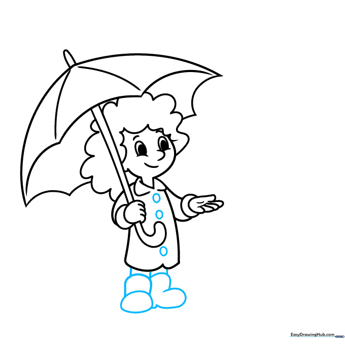 Sketch of a character wearing a raincoat with buttons and rainboots.