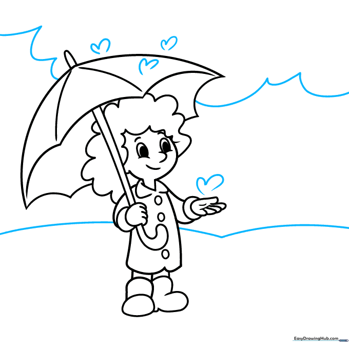 Drawing showing the addition of clouds and stylized raindrops falling around the character.
