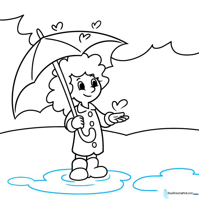Pencil drawing of puddles and water ripples forming around the character's boots.
