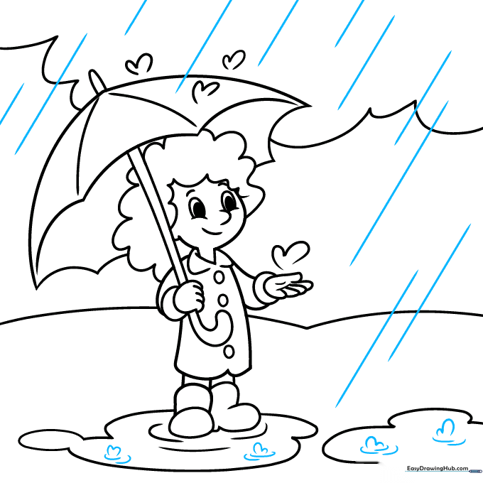 Final line art showing diagonal rain streaks and splashing water in the puddles.