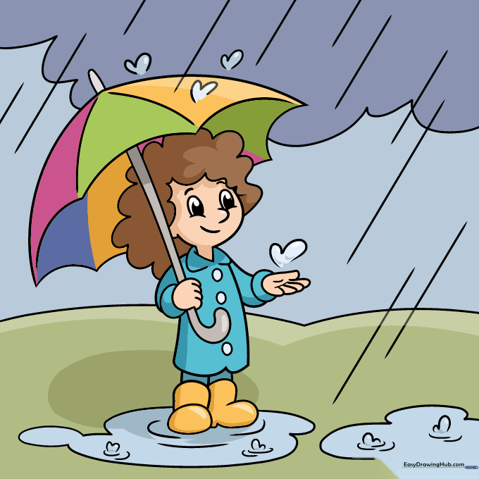 Finished, colored illustration of a character in a raincoat standing in the rain.