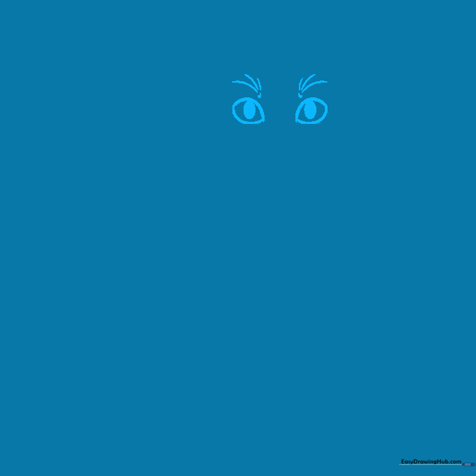 Close-up of two almond-shaped cat eyes with dark pupils and light eyelid sketches on white paper.