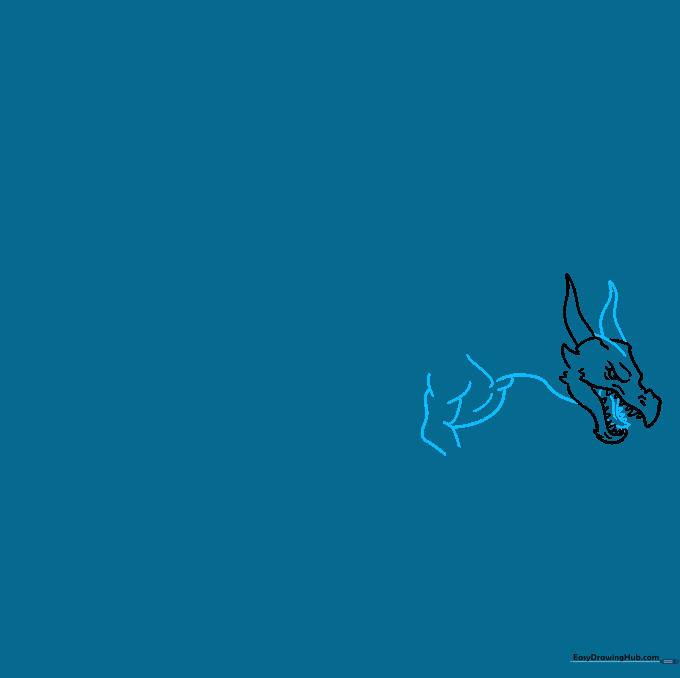 Dragon head sketch showing the addition of a tongue, a second horn, and the beginning of the neck and chest muscles.