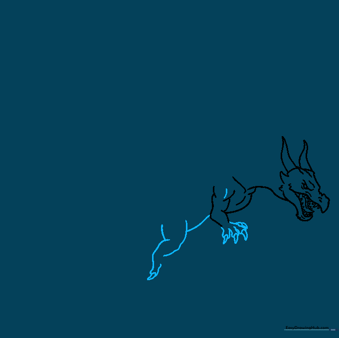 Drawing of a dragon's front leg and claw, with a curved line indicating the start of the belly and rear leg.