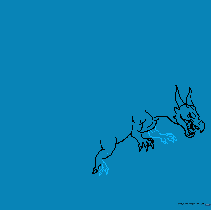 Detailed sketch of a dragon's muscular forearms and rear legs with sharp claws.