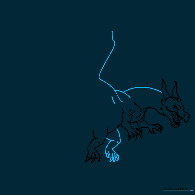 Sketch showing the dragon's neck, shoulder muscles, and the initial long curved line for the wing structure.