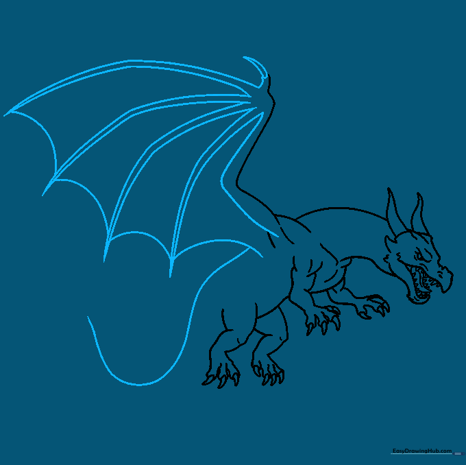 Dragon drawing showing the wing membrane structure and the beginning of the long, curved tail.