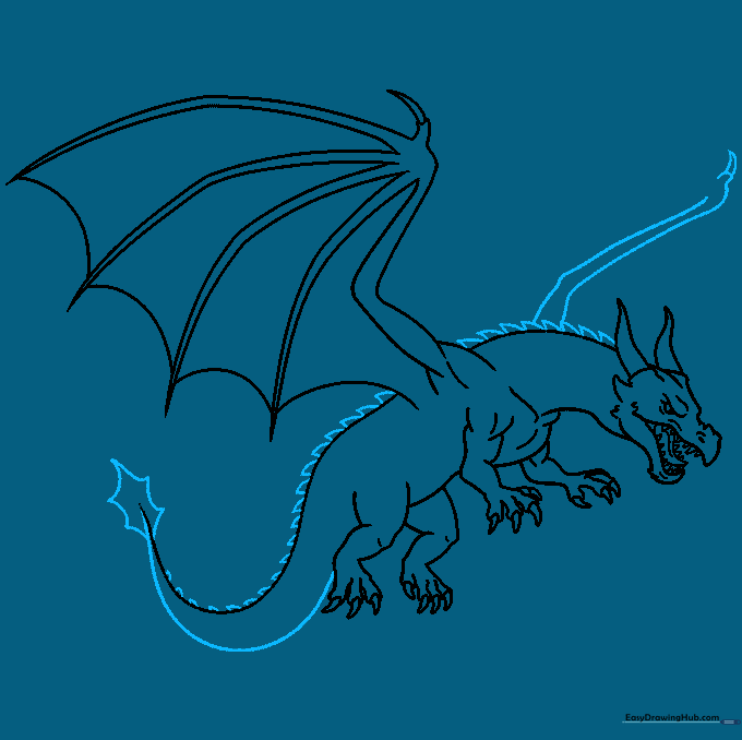 Dragon sketch with added back spikes, a leaf-shaped tail tip, and the outline of the second wing.