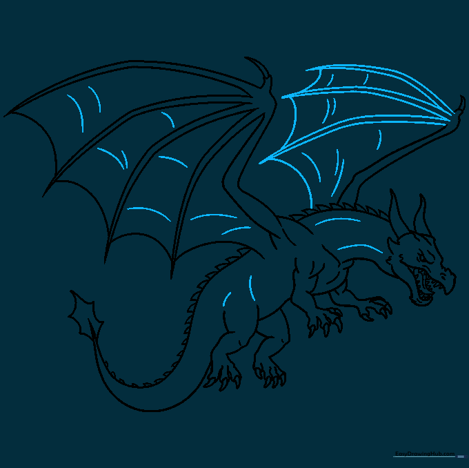 Final pencil outline of the dragon, showing detailed wing membranes and muscle contours.