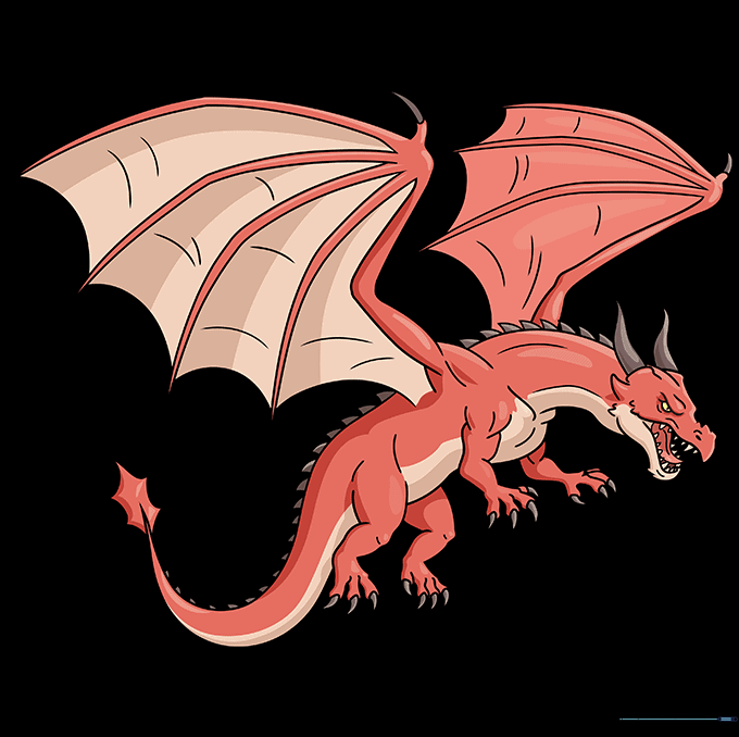 Fully colored, vibrant red dragon drawing with shading and highlights.