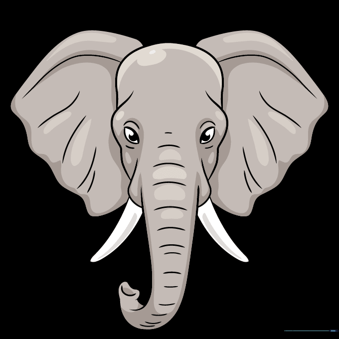 A fully colored, realistic elephant head drawing using shades of grey and brown.
