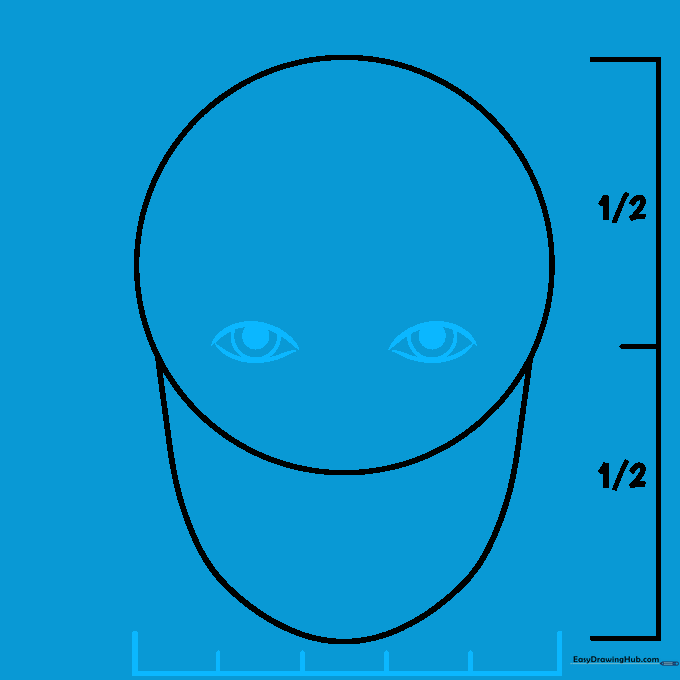 Detailed sketch of two almond-shaped eyes centered on the face guide.