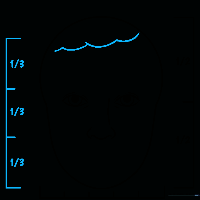 Sketch of the face with wavy hair outlines added to the top of the head.