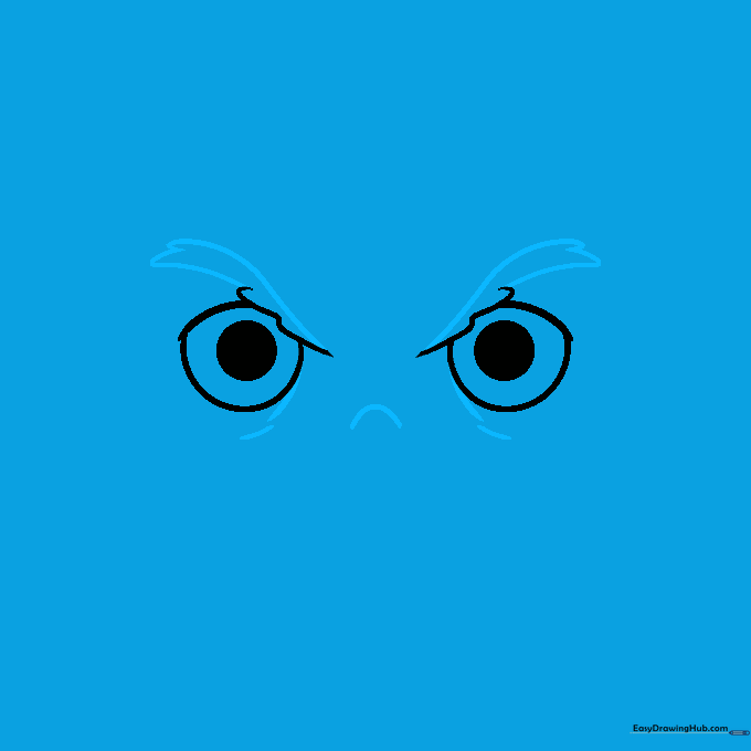 Sketching the bridge of the nose and pointed feathery eyebrows above the owl's eyes.