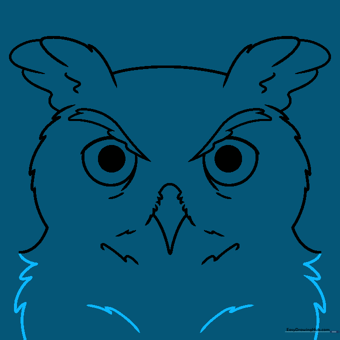 Sketching the neck and upper body of the owl using curved triangular shapes.