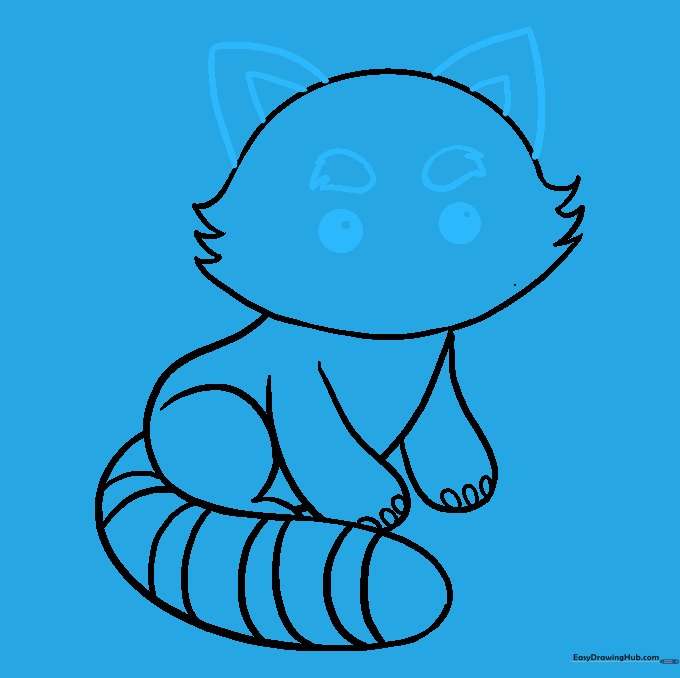 Detailed pencil sketch showing the addition of ears, eyes, and eyebrows to the red panda's face.