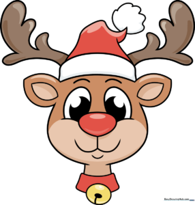 Colorful, finished illustration of a cute reindeer face wearing a Santa hat.