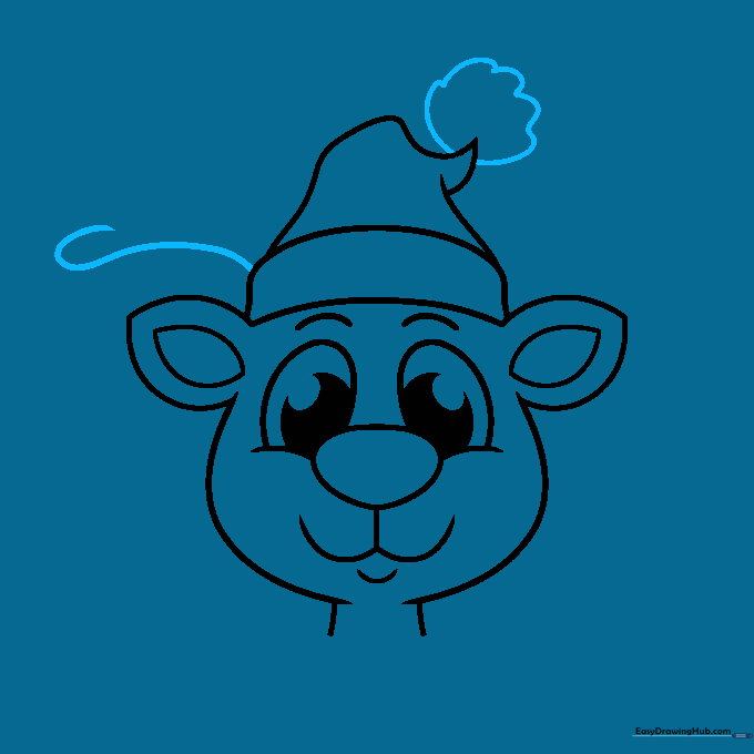 Reindeer drawing with a fluffy hat pom-pom and the beginning of an antler.