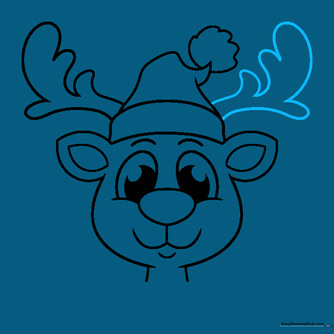 Reindeer drawing showing both antlers completed on the head.