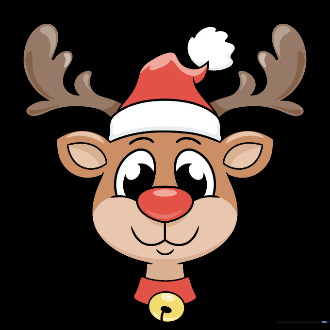 Fully colored cartoon reindeer face with a red nose and Santa hat.