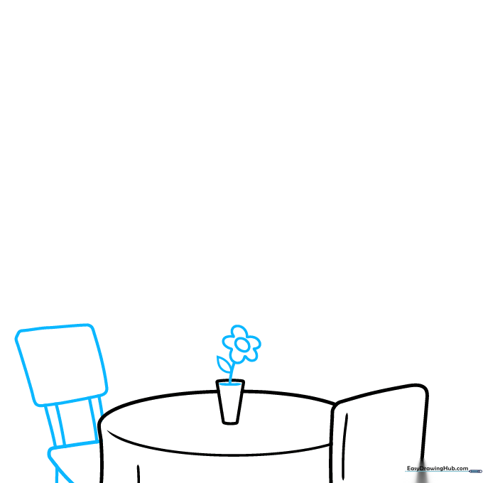 Drawing a daisy in a vase and a second chair to add detail to the restaurant interior.
