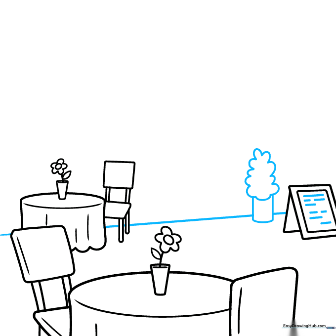 Adding a potted plant and wall line to define the restaurant space.