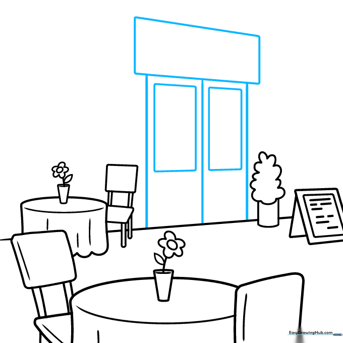 Drawing the restaurant entrance with double doors and windows.