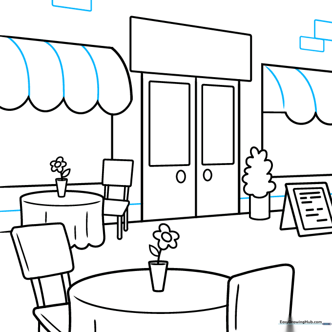 Adding brick wall texture and awning details to the restaurant exterior.