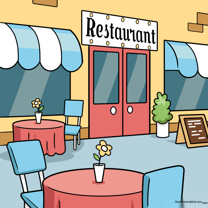 A fully colored, vibrant cartoon restaurant drawing.