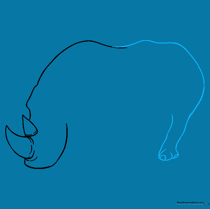 Outlining the back, rump, and rear leg of the rhino with rounded toes.