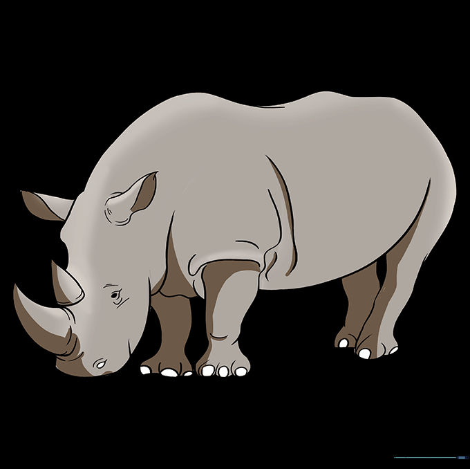 A fully colored cartoon rhino in shades of grey.