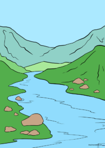A completed, vibrant drawing of a winding river flowing through mountains, perfect for kids to emulate.