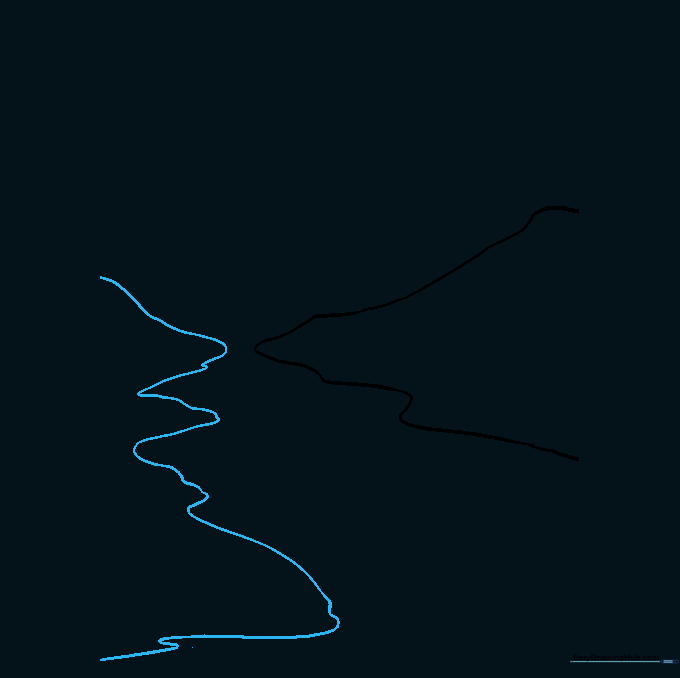 Two opposing curved lines creating a path for the river, wider at the base and narrowing toward the horizon.