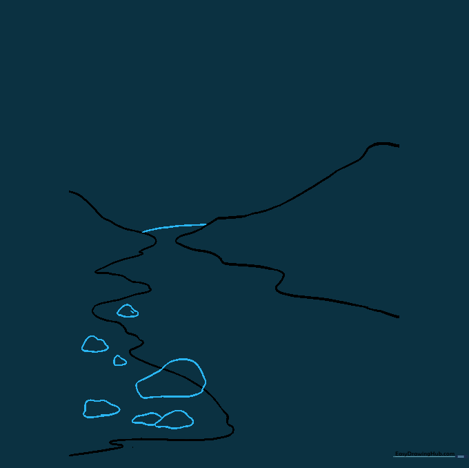 A horizon line connecting the banks with small, irregular pebble shapes drawn along the river's edge.