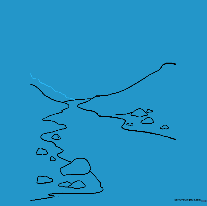 A bumpy line extending from the side of the page to the horizon, forming the base of a mountain.