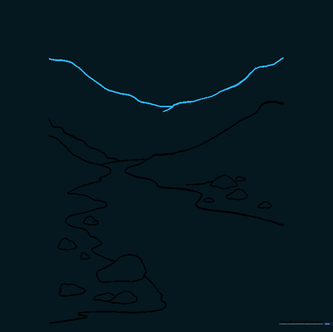 A completed mountain range silhouette drawn in the background behind the river.