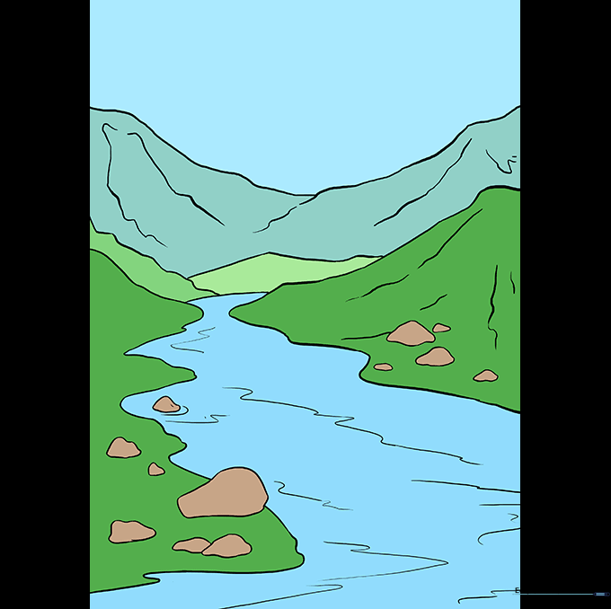 A fully colored river landscape with blue water, green hills, and textured mountains.