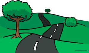 A colorful, finished landscape drawing of a winding road through rolling hills with trees.