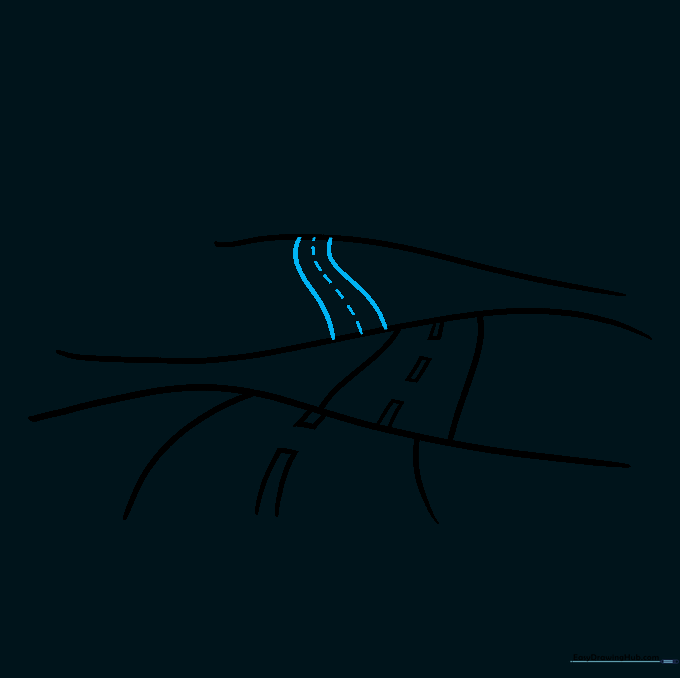 A narrow, distant road section with simple dashed lines for markers.