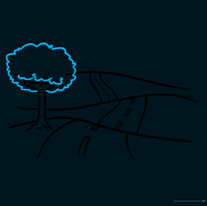 A tree with a full, rounded canopy made of scalloped lines.