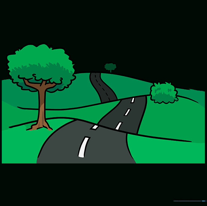 A fully colored, vibrant landscape drawing featuring a road and trees.
