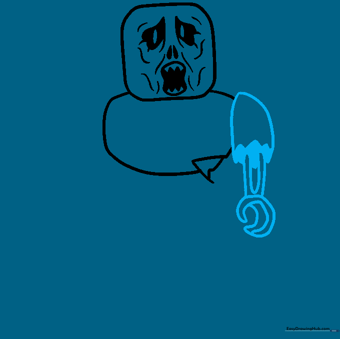 Detailed drawing of the zombie's right arm, sleeve, and hand using jagged lines.