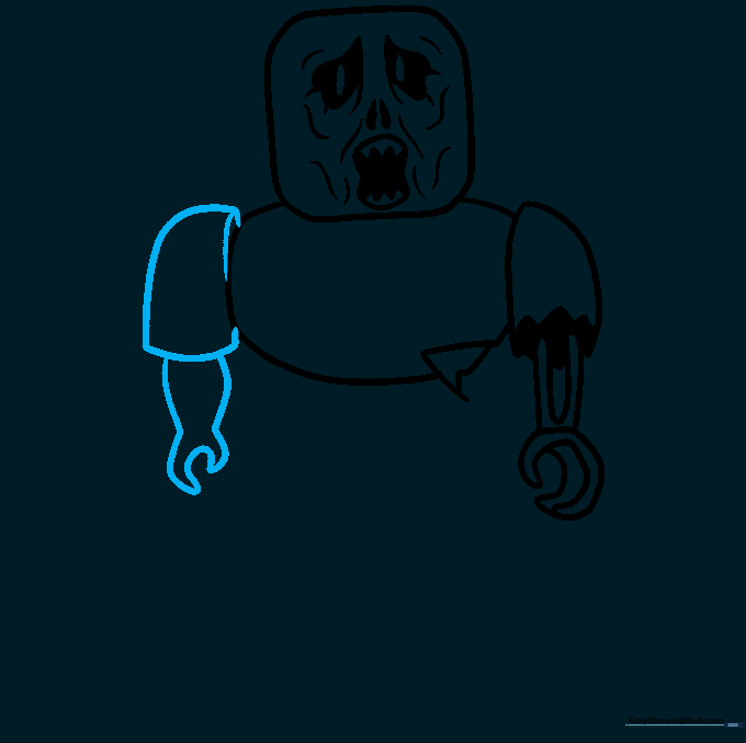 Drawing the left arm with a claw-like hand and curved shoulder connection.
